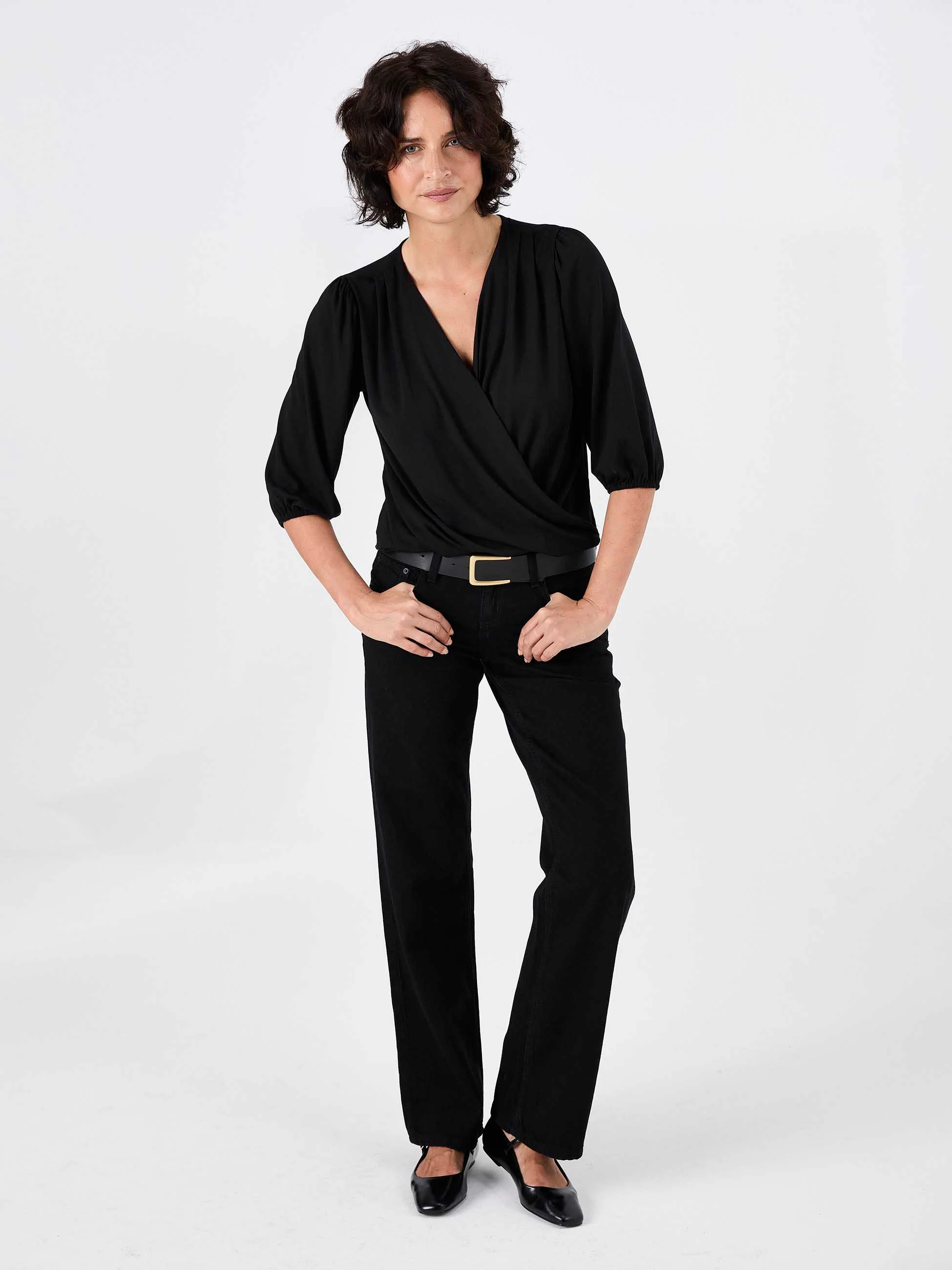 Athena 7/8 Sleeve Drape Top - Black - Image 4