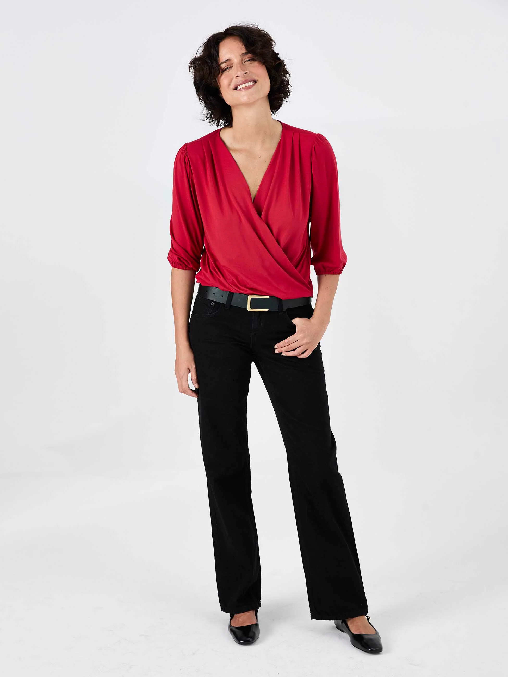 Athena 7/8 Sleeve Drape Top - Cherry - Image 4