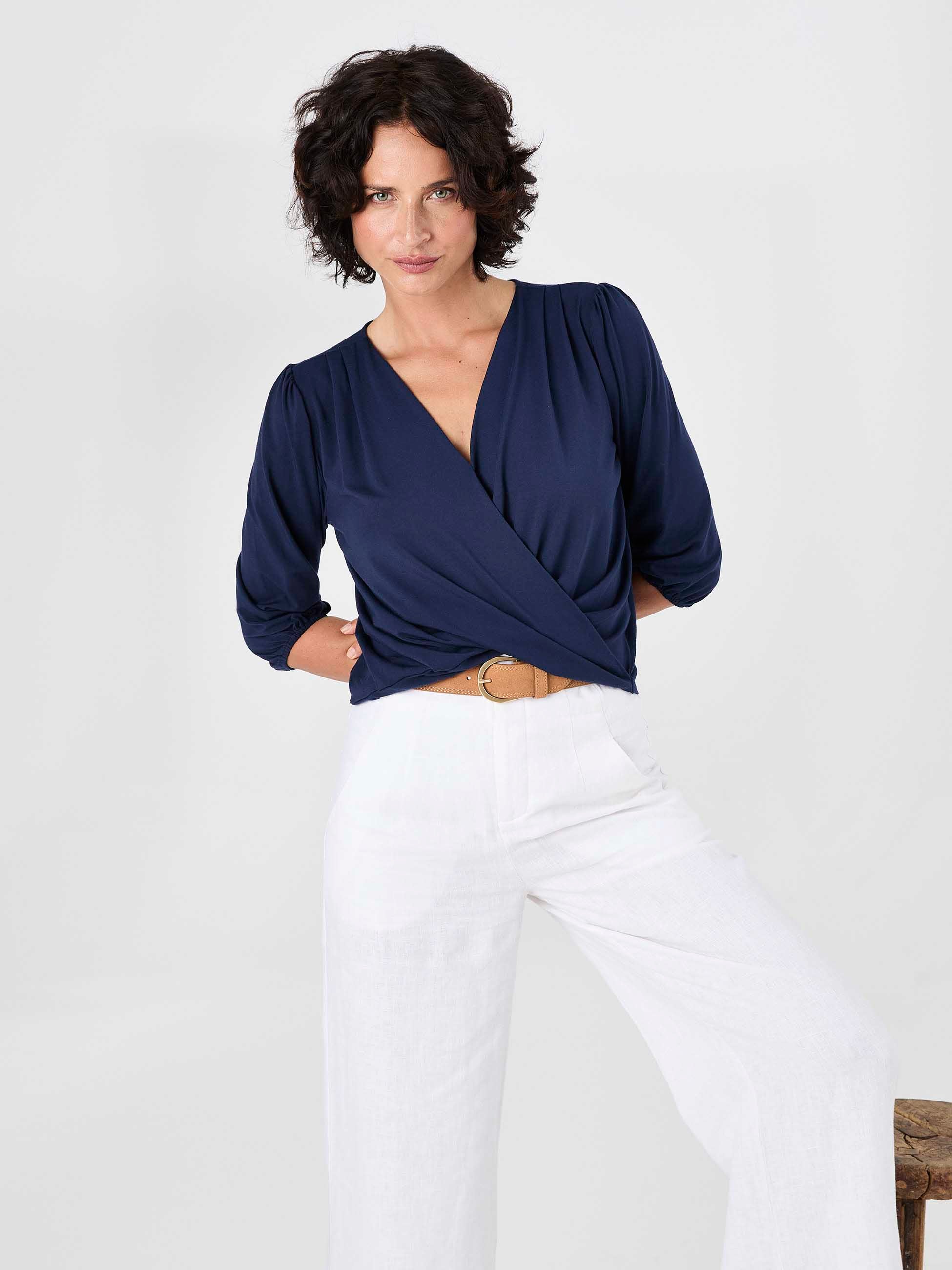 Athena 7/8 Sleeve Drape Top - Navy - Image 3