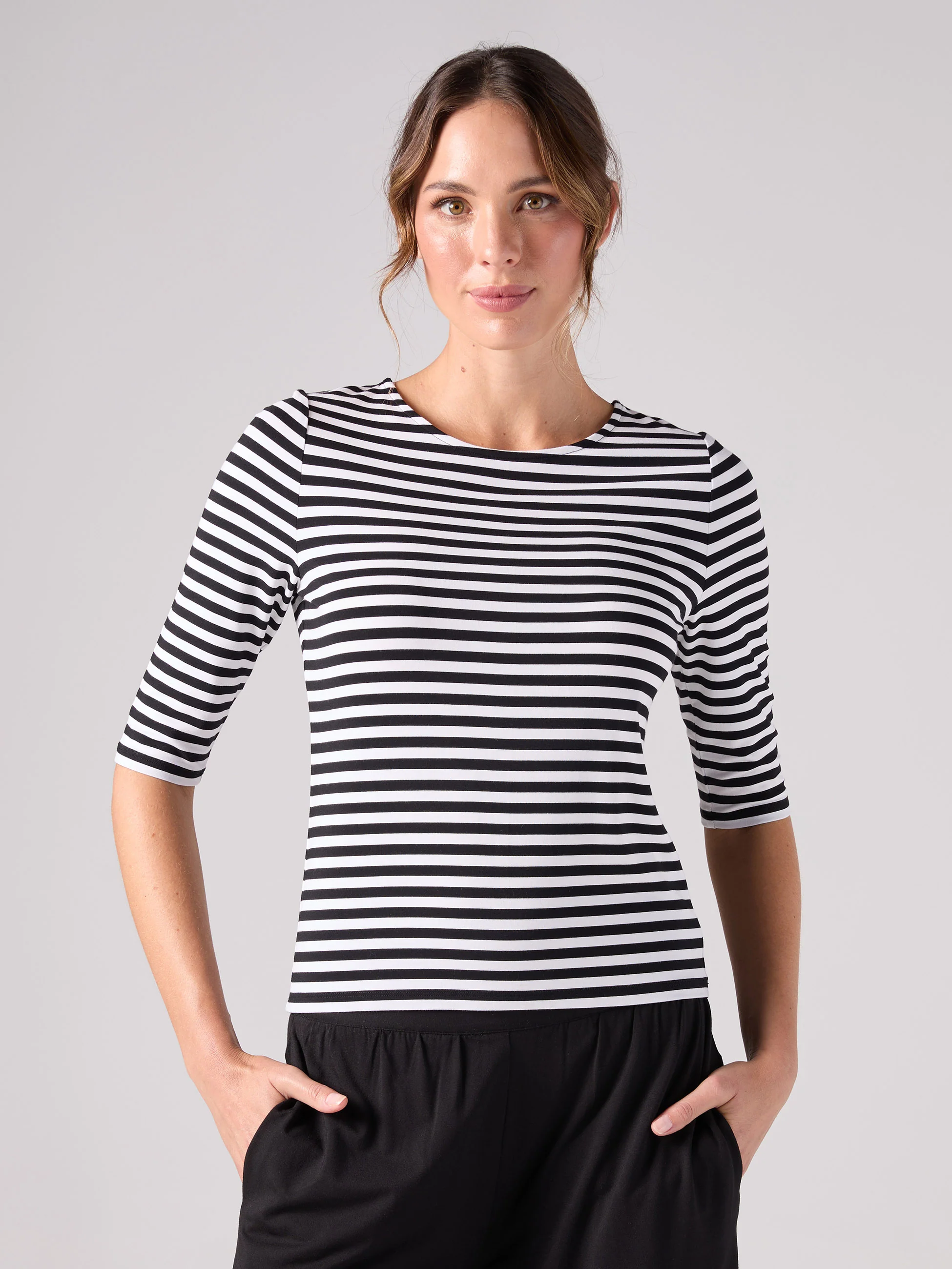 Stripe 7/8 Sleeve Crew Top - Black - Image 4